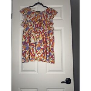 Hemish Usa Plus Size Vibrant Colors Geometric Print Flutter Sleeve Top  1xl